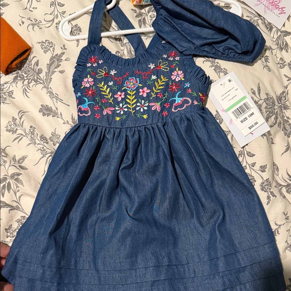 Bonnie Baby Blue Denim Dress with Floral Embroidery
